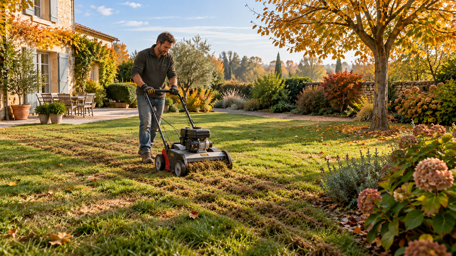 Jardin en octobre avec une pelouse en reprise, des massifs et des feuilles d'automne